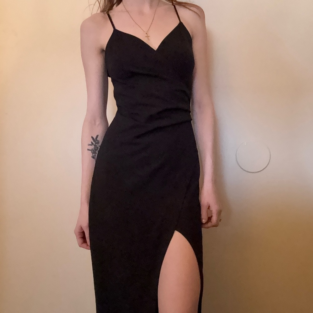 Emerald Sundae Black Spaghetti Strap Midi Dress with Side Slit